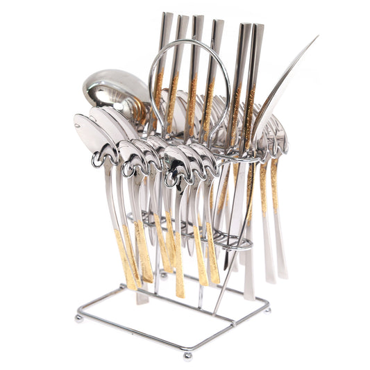 26Pcs Cutlery Set W/Stand Golden & Silver - Habitt