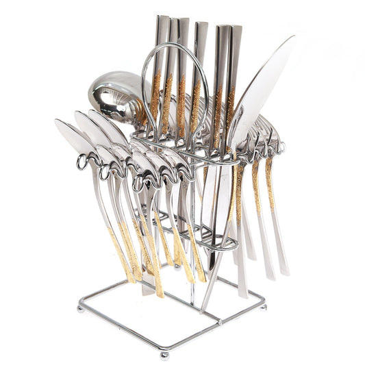 26Pcs Cutlery Set W/Stand Golden & Silver - Habitt
