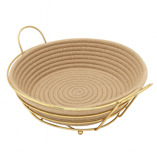 Round Bread Basket – Woven Design with Golden Frame