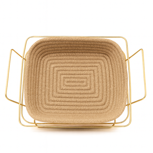 Square Bread Basket – Woven Design with Golden Frame