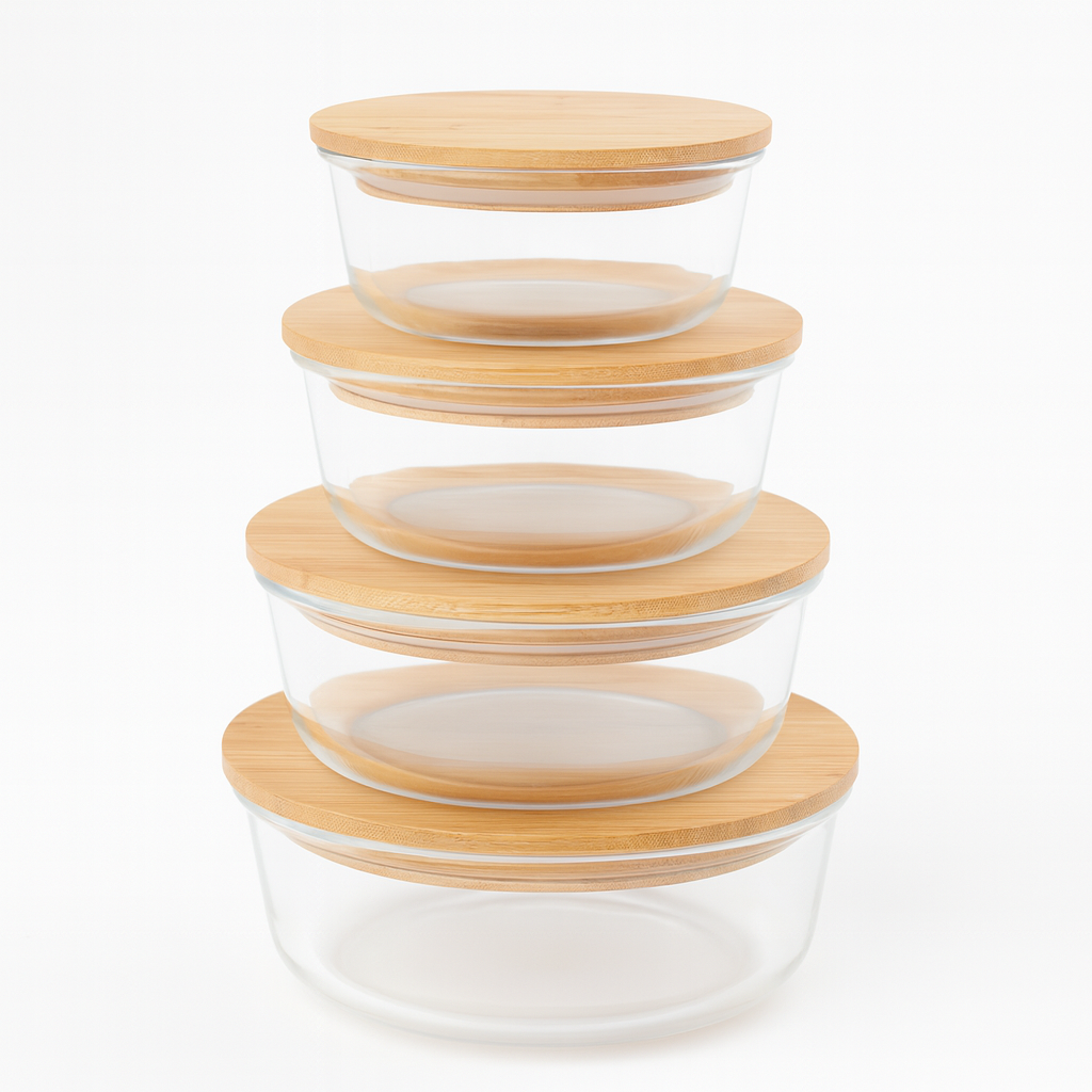 Round Glass Storage Container Set with Bamboo Lids – 400ml, 620ml, 950ml, 1300ml