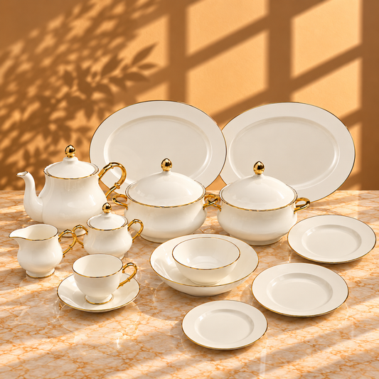 Gold Line Premium Porcelain Dinner Set | Elegant White Dinnerware with Gold Rim
