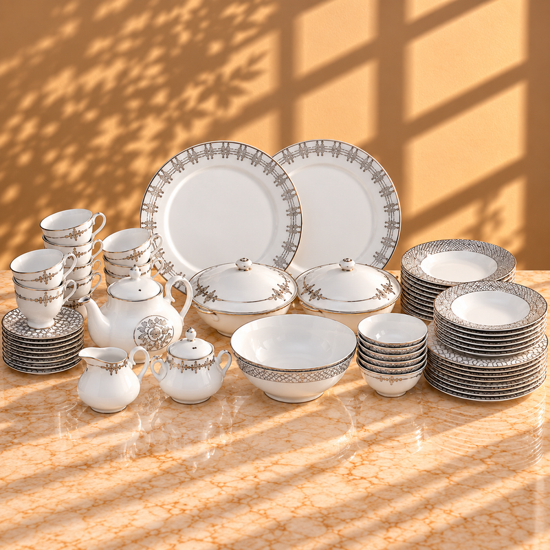 Elegant Silver Chevron Dinner Set – Luxury Porcelain Tableware Collection