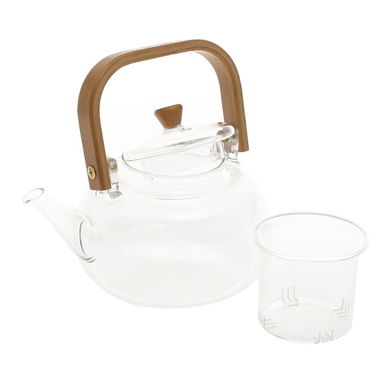 Glass Tea Kettle with Wooden Handle – Heat‑Resistant Teapot with Infuser