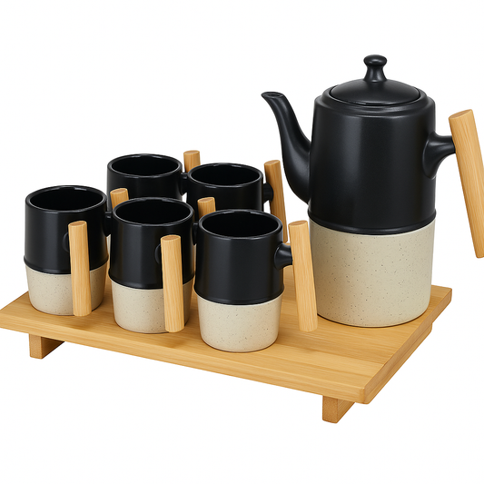 Subaishi Ceramic Tea Set with Wooden Handles – 8-Piece Black & Beige Stoneware with Bamboo Tray