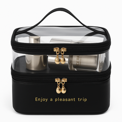 Transparent & PU Travel Cosmetic Pouch – Dual-Layer Makeup Organizer Bag