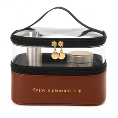 Transparent & PU Travel Cosmetic Pouch – Dual-Layer Makeup Organizer Bag