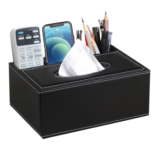 Leather Tissue Box with Remote & Desk Organizer – Multipurpose Storage Holder