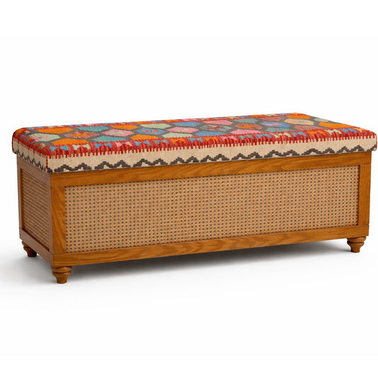 Elan Upholstered Storage Bench with Cane Panel – Solid Wood Ottoman Setti for Living Room & Bedroom - Habitt