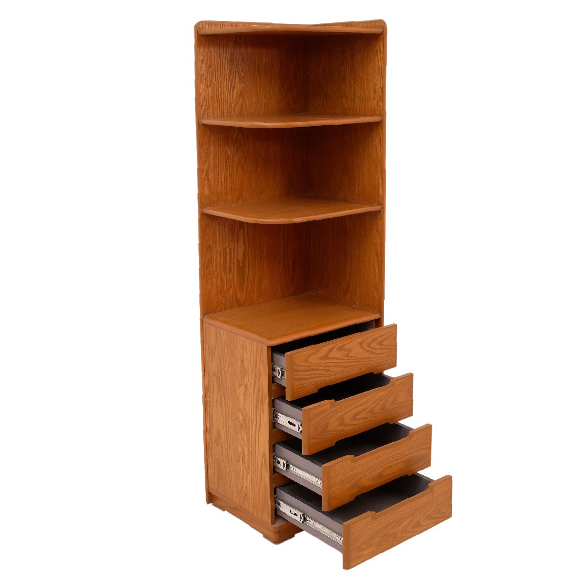 Elan Solid Wood Corner Bookshelf with Drawers – Space-Saving Storage & Display Unit - Habitt