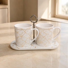 2 Pcs Marble Design Ceramic Mug Set with Stand | Tea & Coffee Mug Set