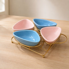 4 Pcs Ceramic Snack Bowl Set with Gold Stand | Pastel Serving Bowl Set