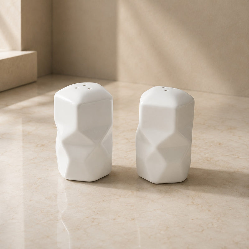 2 Pcs Geometric Ceramic Salt & Pepper Shaker Set | White Table Seasoning Dispensers