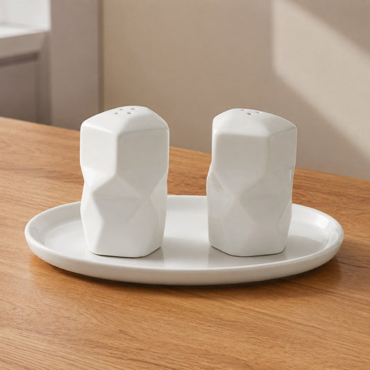 2 Pcs Geometric Ceramic Salt & Pepper Shaker Set with Tray | White Seasoning Dispenser Set