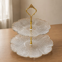 2 Tier Glass Cake Stand | Elegant Dessert & Serving Stand with Gold Handle