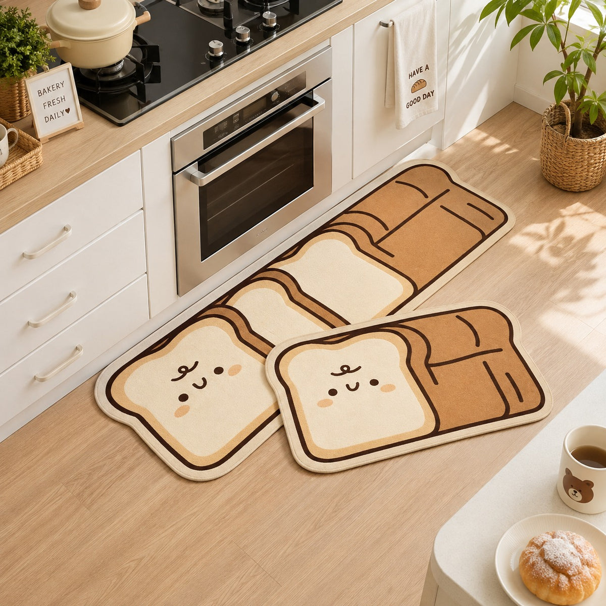 Assorted 2 Pcs Kitchen Rubber Mat Set – Bread Print Kitchen Floor Mats