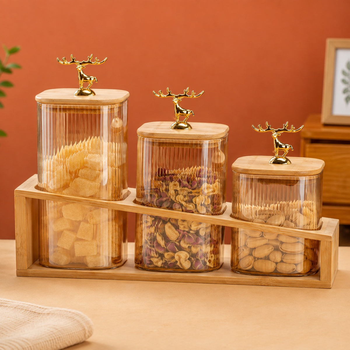 3 PCS GLASS JAR WITH WOODEN STAND
