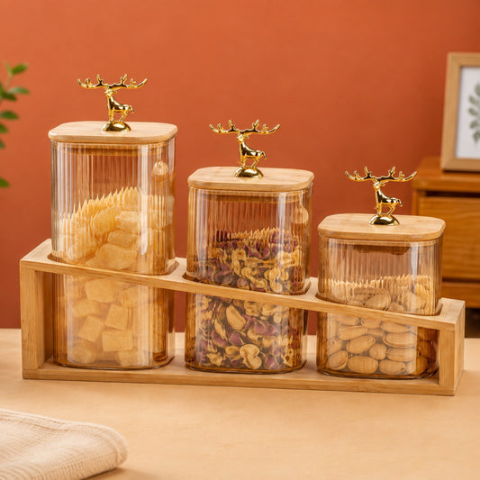 3 PCS GLASS JAR WITH WOODEN STAND