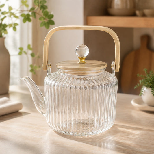Ribbed Glass Kettle with Wooden Handle & Lid – Elegant Tea Kettle
