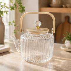 Ribbed Glass Kettle with Wooden Handle & Lid – Elegant Tea Kettle