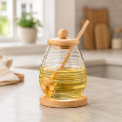 Honey Bee Jar with Lid, Dipper & Base – Stylish Honey Pot