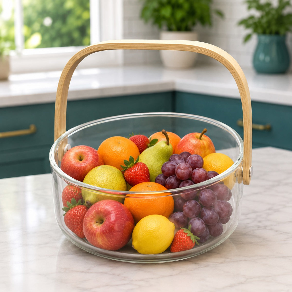 Fruit Basket with Carry Handle – Transparent Fruit Bowl for Kitchen Countertop & Dining Table