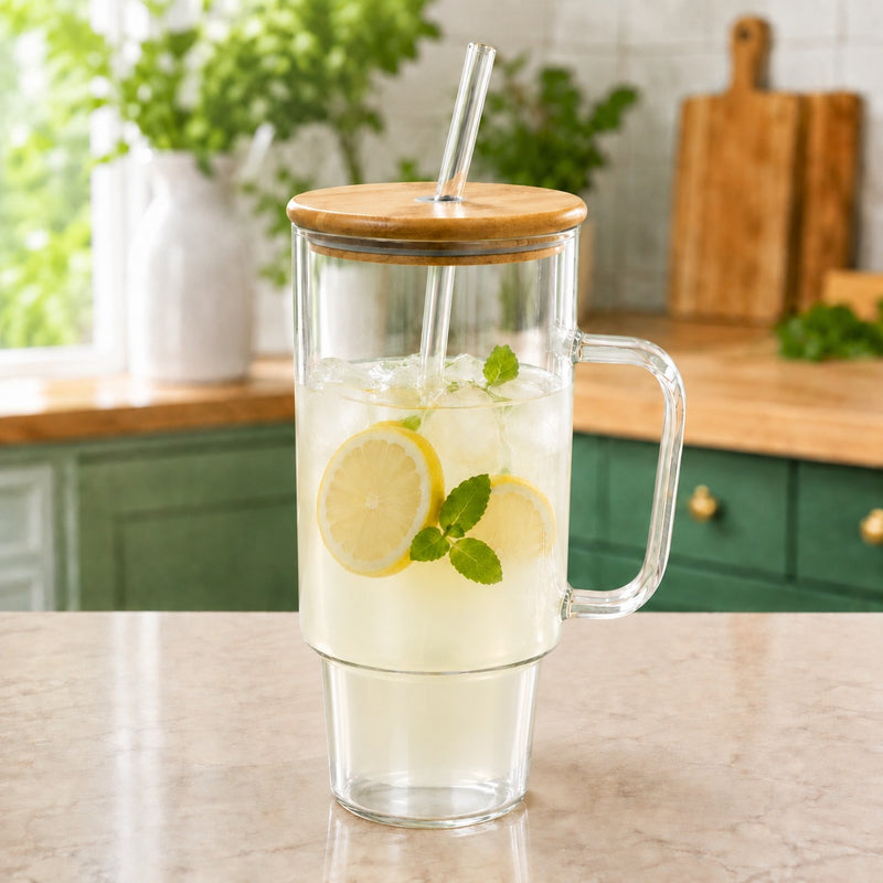 Mason with Lid, Straw & Handle – Transparent Drinking for Juice, Lemonade, Iced Tea & Cold Beverages