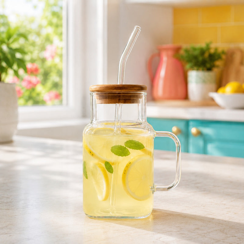 Clear Mason Jar with Wooden Lid & Straw – Reusable Drinking Jar