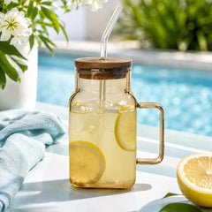 Mason Jar with Handle, Wooden Lid & Straw – Stylish Drinking Jar