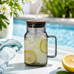 Smoky Glass Mason Jar with Handle, Wooden Lid & Straw – Drinking Tumbler