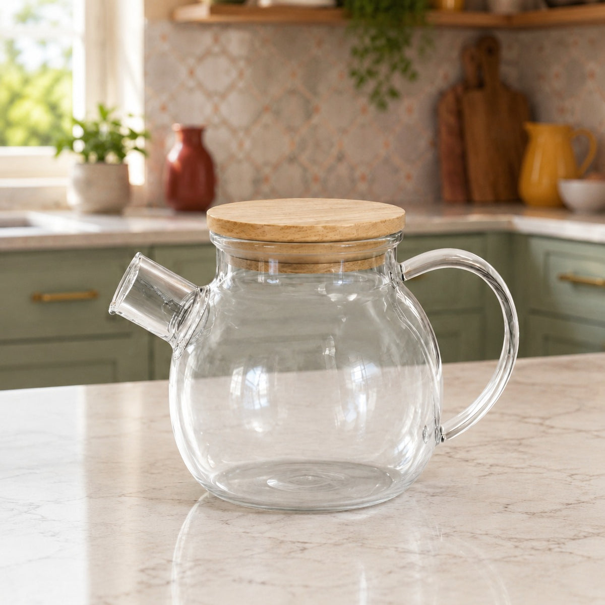 1.5 Liter Clear Glass Kettle with Wooden Lid – Modern Tea & Beverage Pot