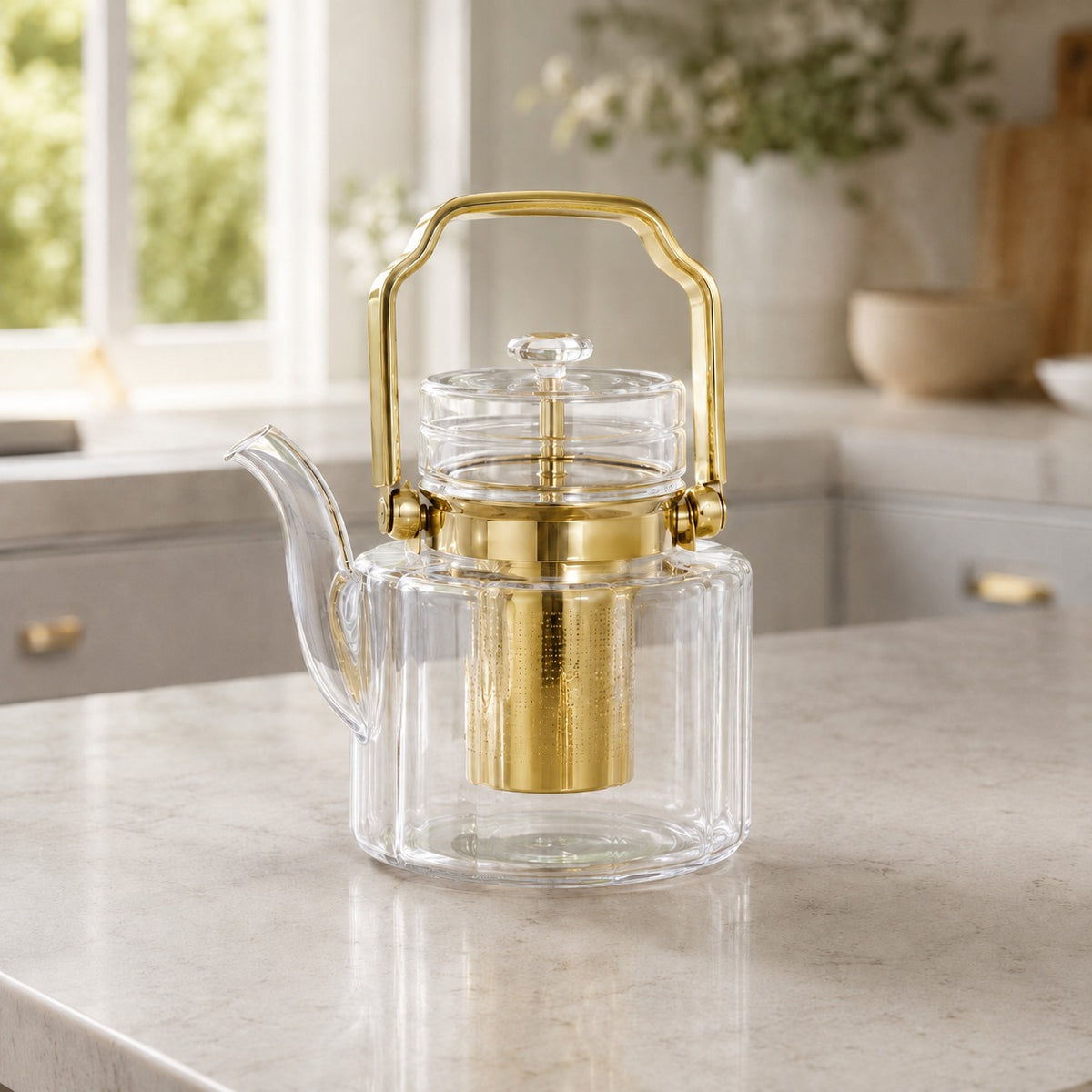 1 Liter Glass Kettle with Infuser & Gold Handle – Elegant Tea Pot