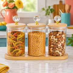 3-Piece Jar Set with Tray & Lids – Kitchen Storage Jars for Dry Fruits, Nuts, Snacks & Sweets