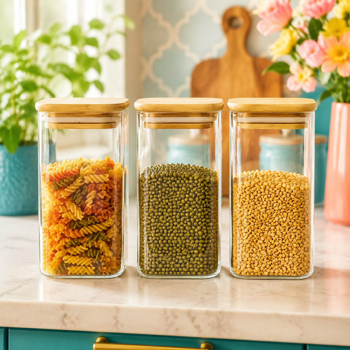 3-Piece Jar Set with Lids – Transparent Kitchen Storage Jars for Dry Food, Snacks, Nuts & Pantry Essentials