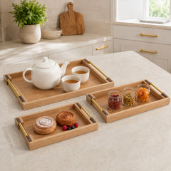 3-Piece Bamboo Tray Set with Gold Handles – Decorative Serving Trays for Kitchen, Dining & Entertaining