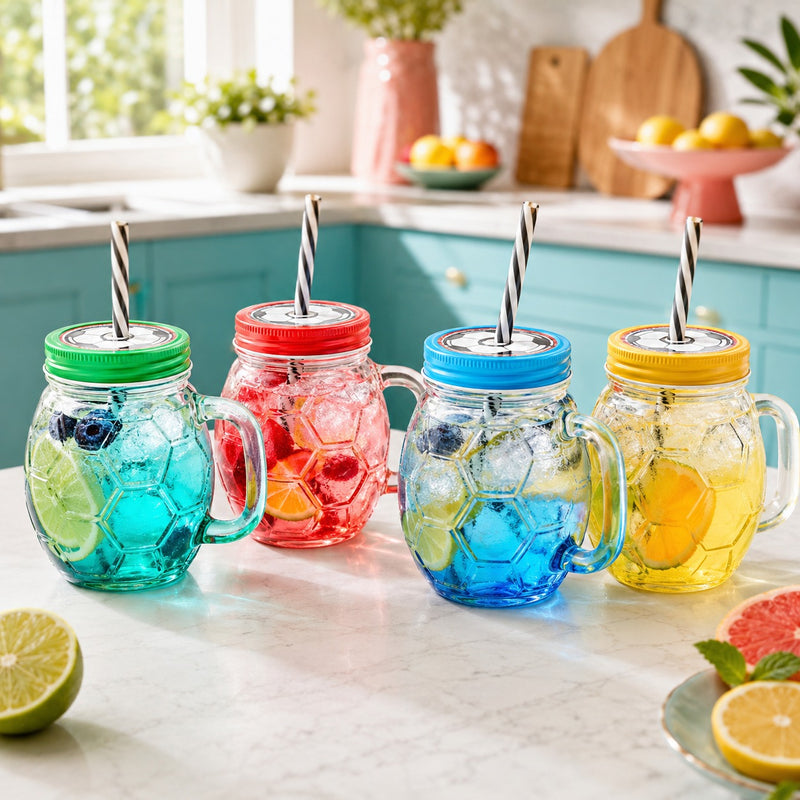 Assorted Mason with Lid & Handle – Colorful Drinking for Juice, Lemonade, Iced Tea & Cold Beverages