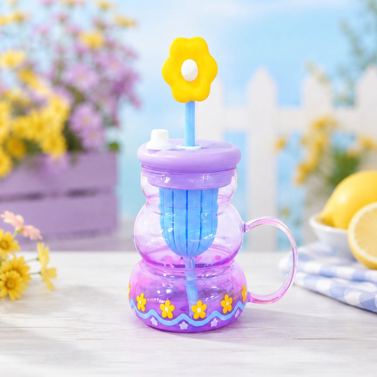 Cute Flower Plastic Sipper with Straw & Handle – Colourful Kids Drinking Cup