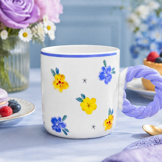 Floral Ceramic Coffee Mug with Twisted Handle – Colourful Tea & Coffee Cup