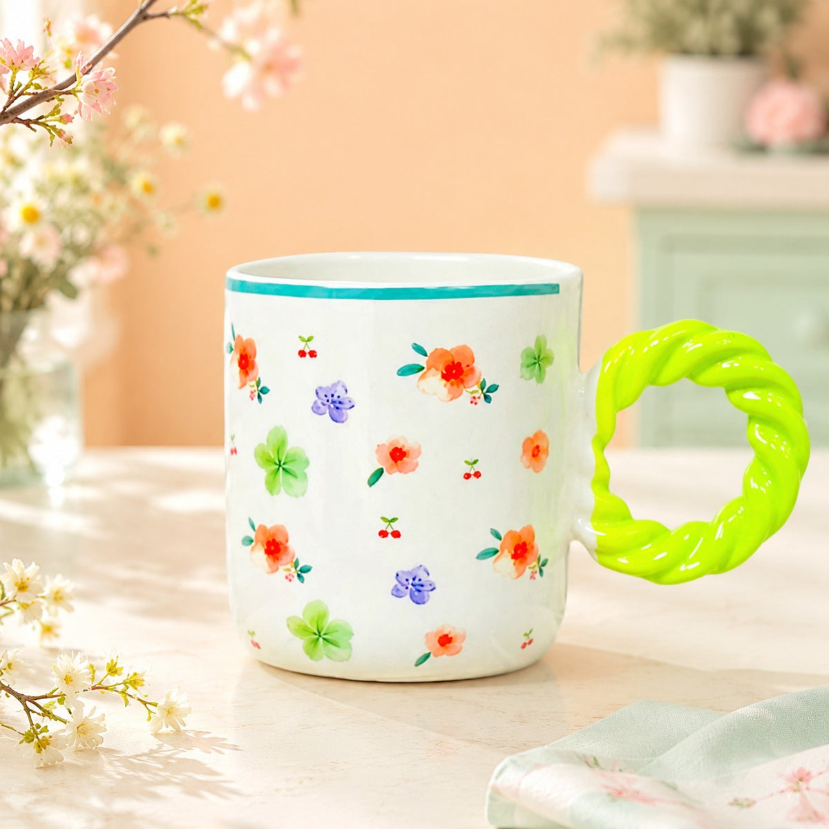Floral Ceramic Coffee Mug with Twisted Handle – Colourful Tea & Coffee Cup