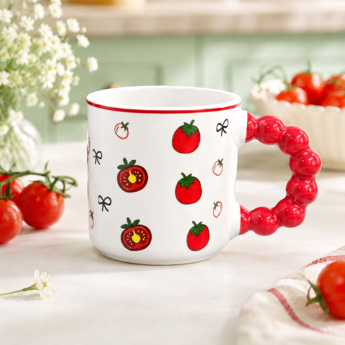 Cute Fruit Print Ceramic Coffee Mug with Red Handle – Tea & Coffee Cup