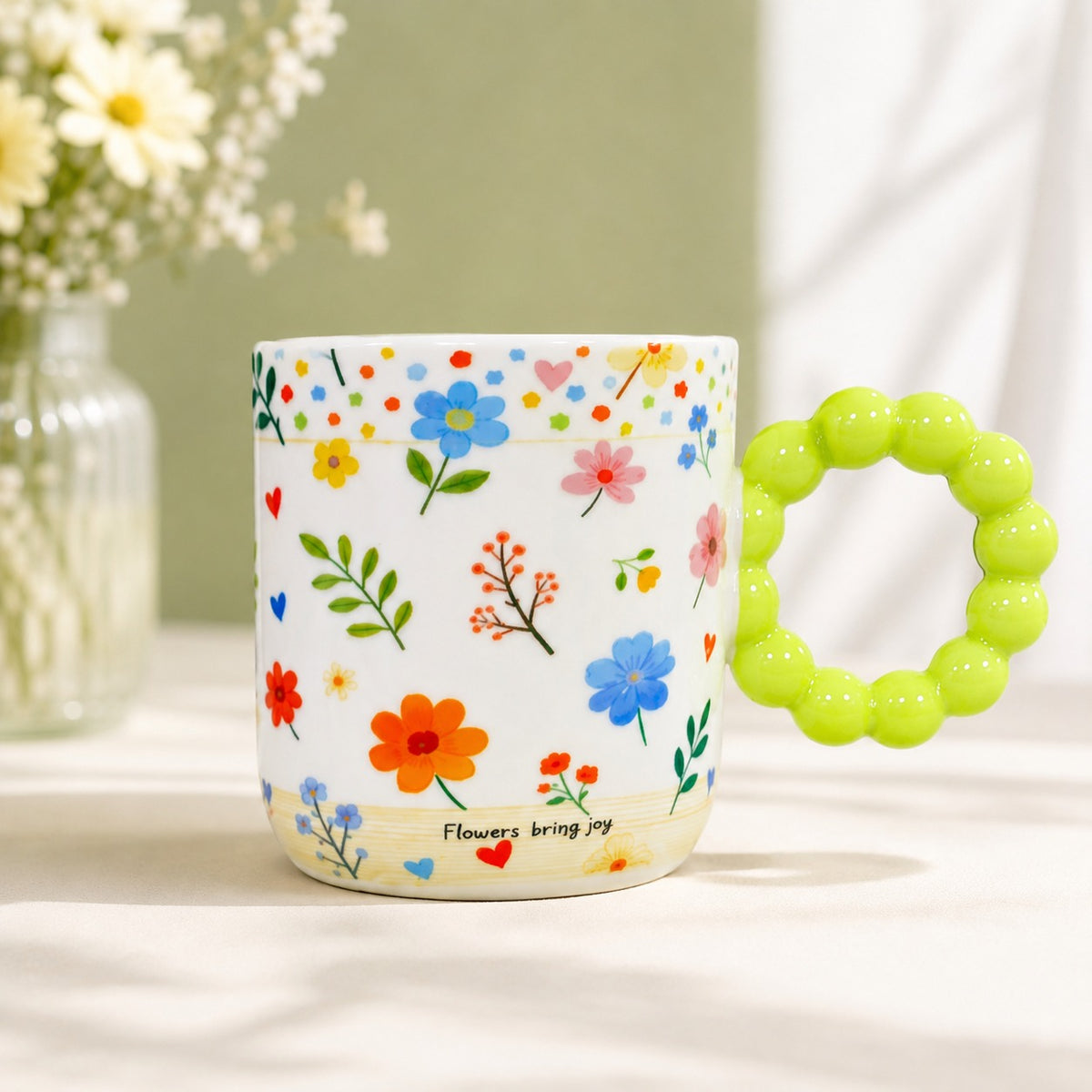 Colourful Floral Ceramic Coffee Mug with Beaded Handle – Cute Tea & Coffee Cup