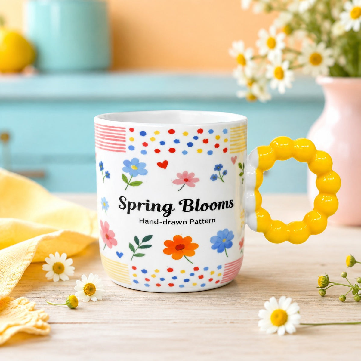 Colourful Floral Ceramic Coffee Mug with Beaded Handle – Cute Tea & Coffee Cup