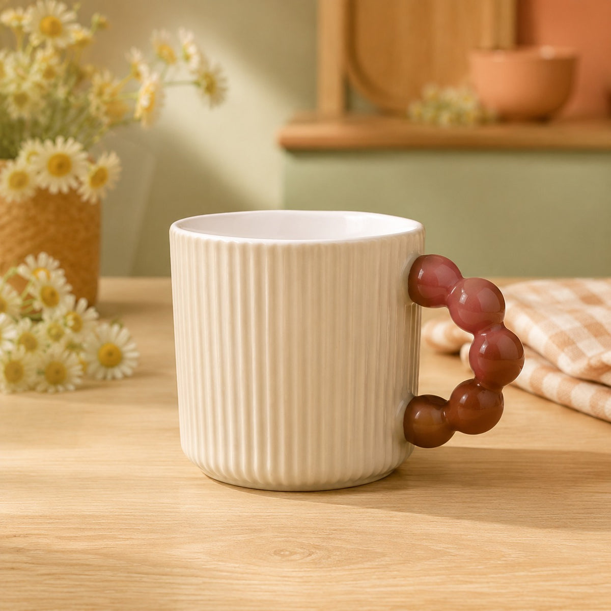 Ribbed Ceramic Coffee Mug with Beaded Handle – Colourful Tea & Coffee Cup