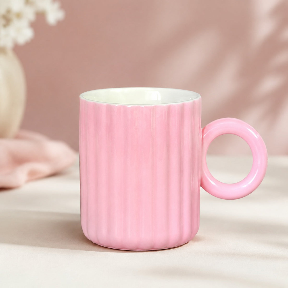 Pastel Ribbed Ceramic Coffee Mug with Round Handle – Colourful Tea & Coffee Cup