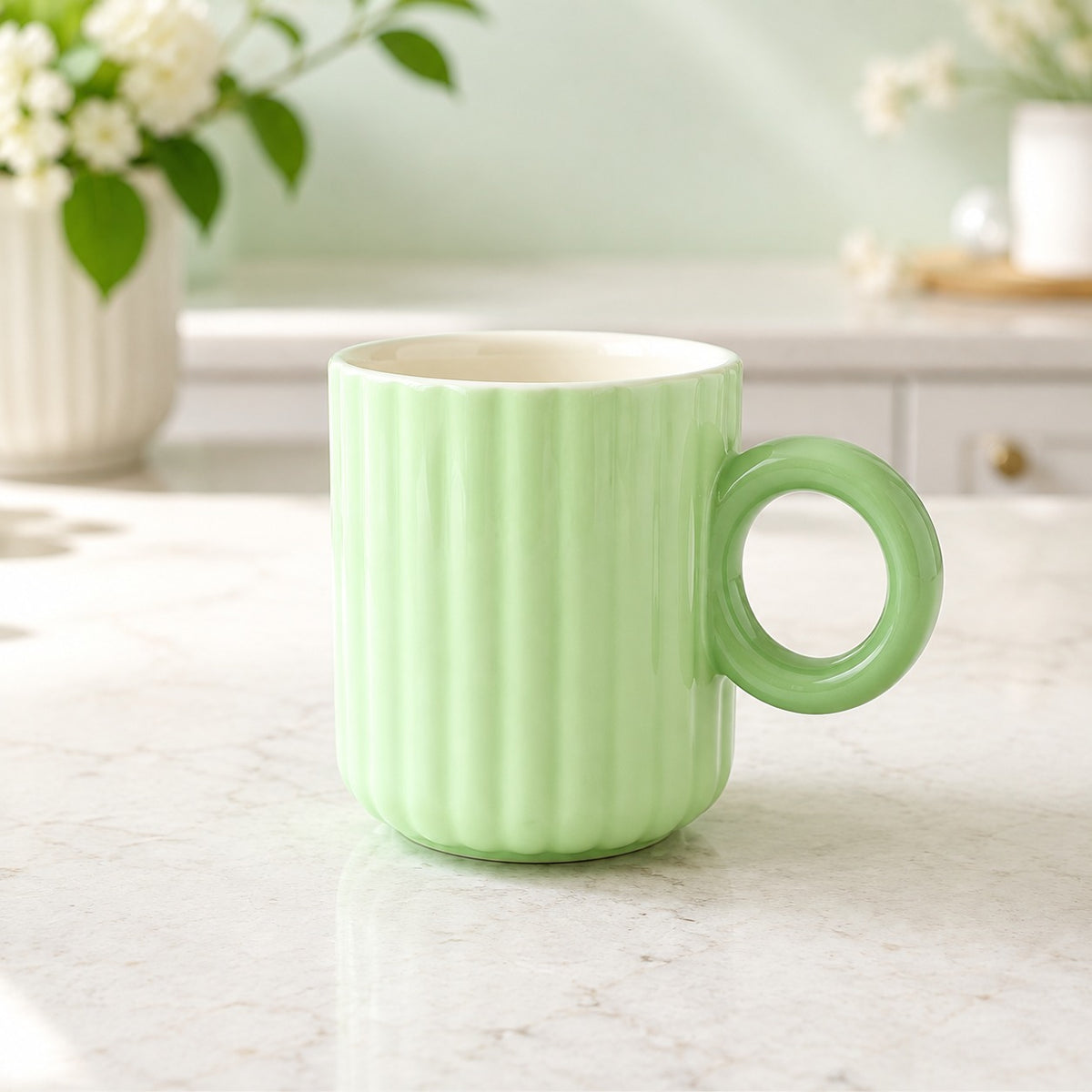 Pastel Ribbed Ceramic Coffee Mug with Round Handle – Colourful Tea & Coffee Cup
