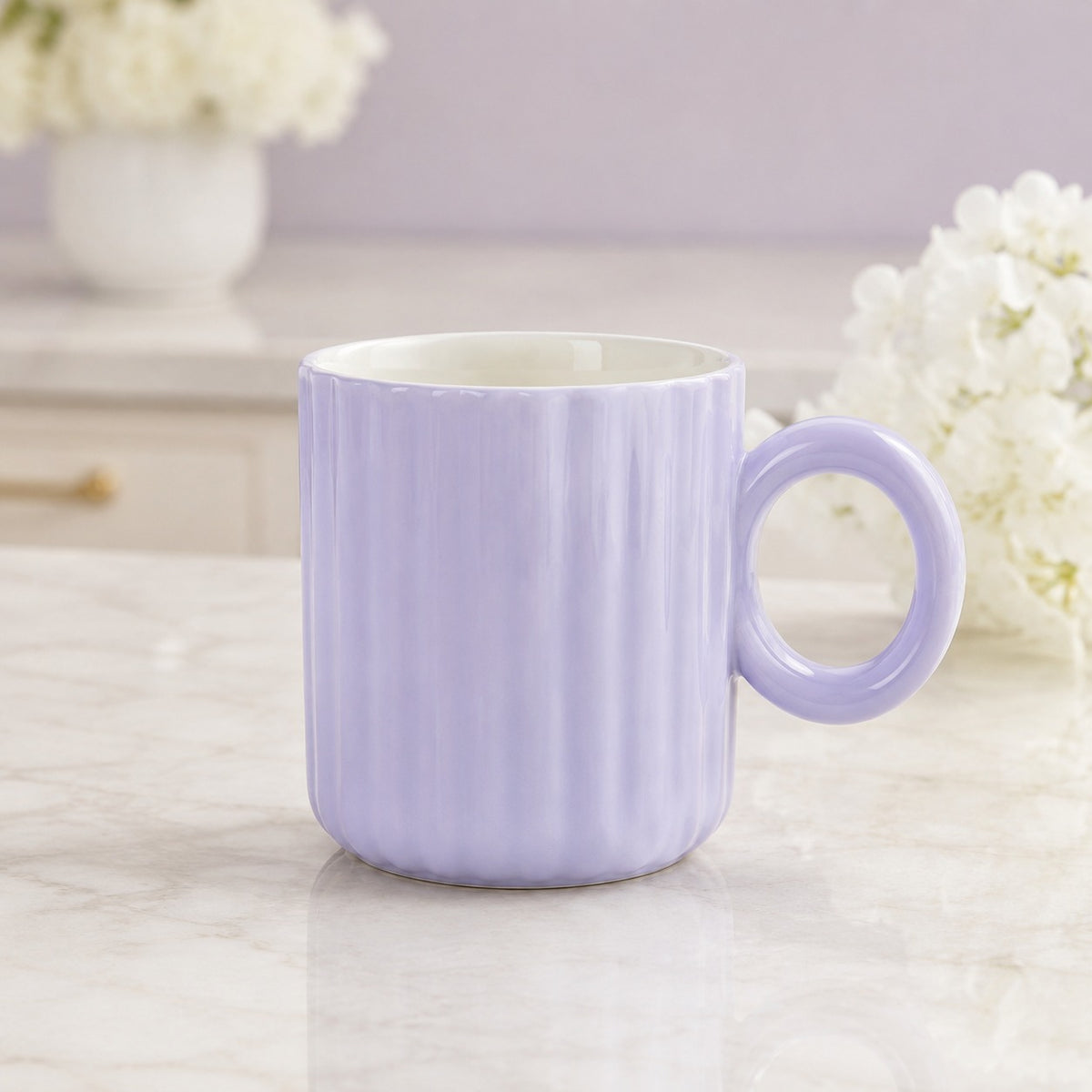Pastel Ribbed Ceramic Coffee Mug with Round Handle – Colourful Tea & Coffee Cup