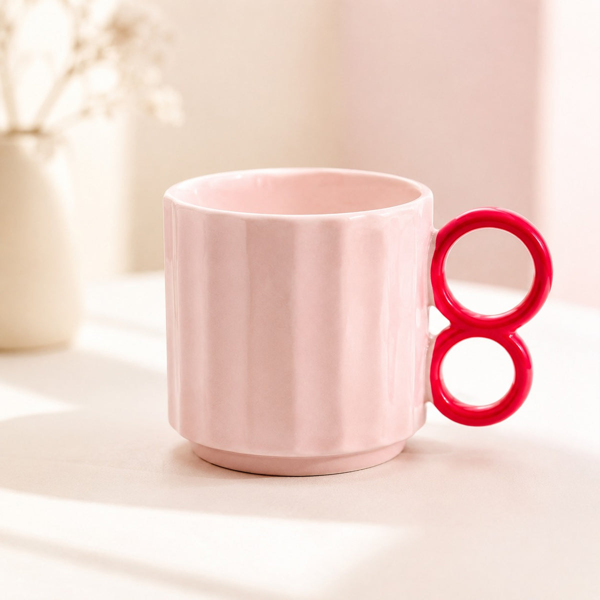 Colourful Ribbed Ceramic Coffee Mug with Creative Handle – Modern Tea & Coffee Cup
