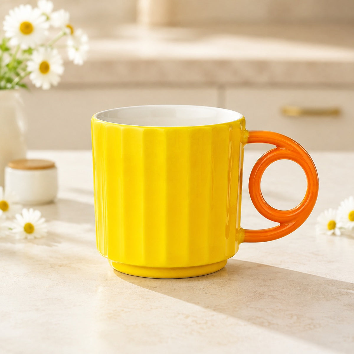 Colourful Ribbed Ceramic Coffee Mug with Creative Handle – Modern Tea & Coffee Cup