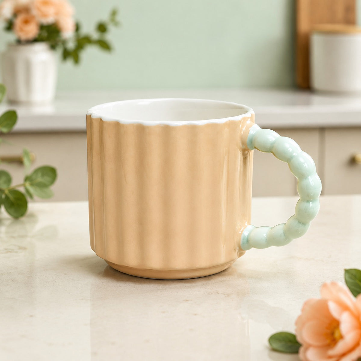 Pastel Ribbed Ceramic Coffee Mug with Beaded Handle – Cute Tea & Coffee Cup
