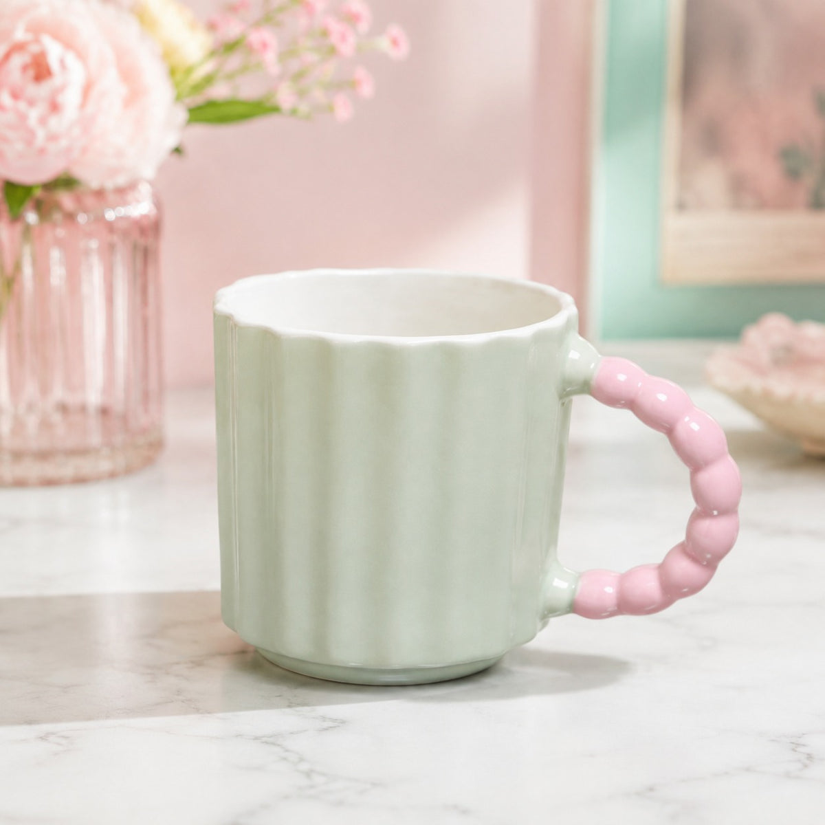 Pastel Ribbed Ceramic Coffee Mug with Beaded Handle – Cute Tea & Coffee Cup